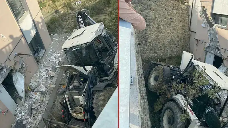 İş makinesi binaya çarpıp devrildi: operatör yaralandı